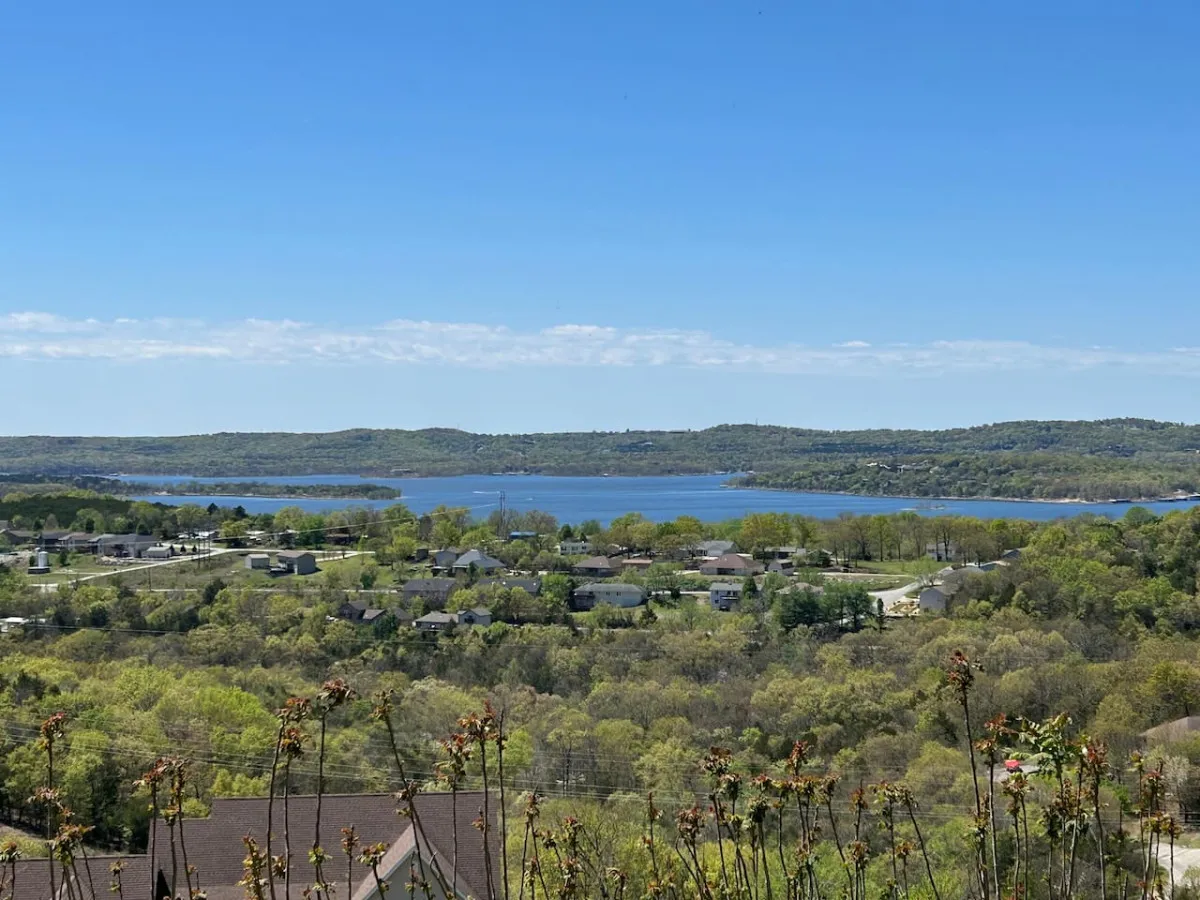 A serene view overlooking Table Rock Lake, framed by lush greenery, distant hills, and a hint of a residential area. The water shimmers under the sky, inviting thoughts of boating, swimming, and lakeside adventures.